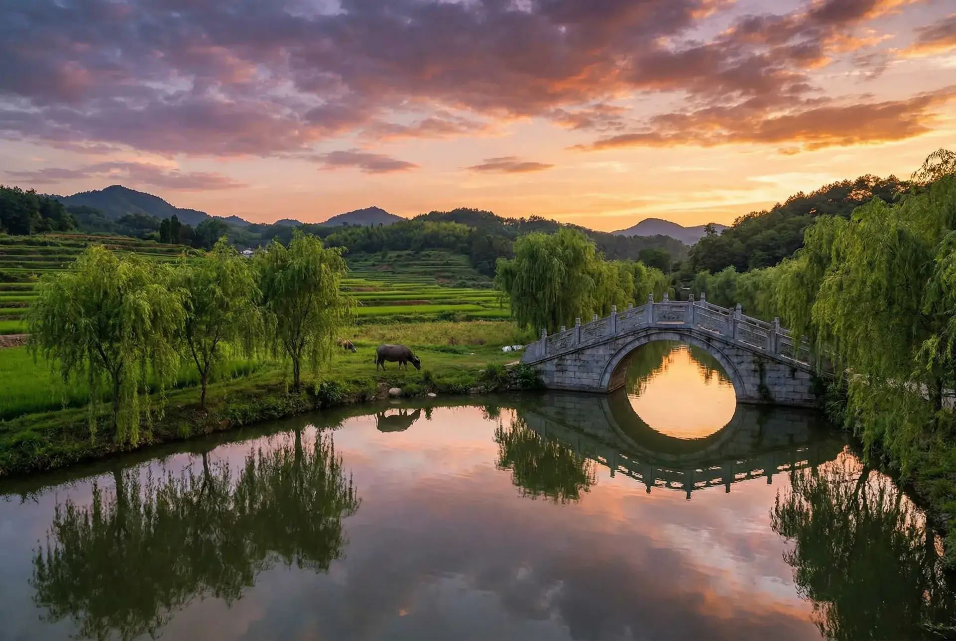 夕阳下的石拱桥与垂柳，水牛在河边吃草 - 饮玉之殇 乡村美景